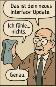 JW: Das ist Din neues Interface-Update. KI: Ich fühle ... nichts. JW: Genau.